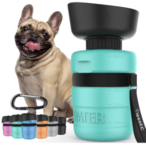 Lesotc portable dog water bottle with built-in drinking bowl for walks, hiking, travel, and outdoor adventures.